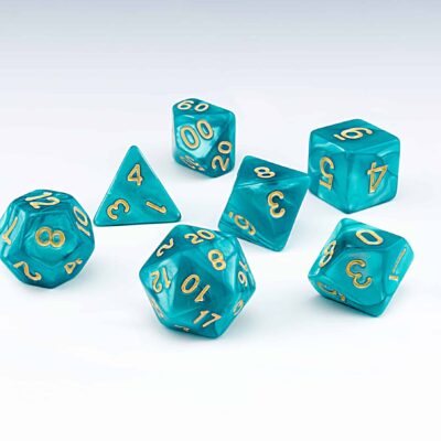 Cascade light blue pearlescent set of 7 RPG dice with Gold numbers from Northumbrian Tin Soldier on a white background