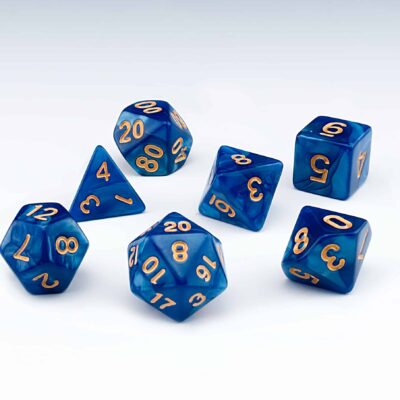 Abyss Dark blue pearlescent set of 7 RPG dice with Gold numbers from Northumbrian Tin Soldier on a white background