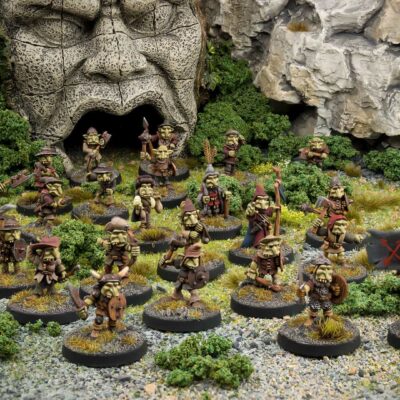 Foggy Peak goblin tribe of 28 individualy based 28mm fanstasy miniatures in high quality white metal from Northumbrian Tin Soldier in the Foggy Peaks under ruins