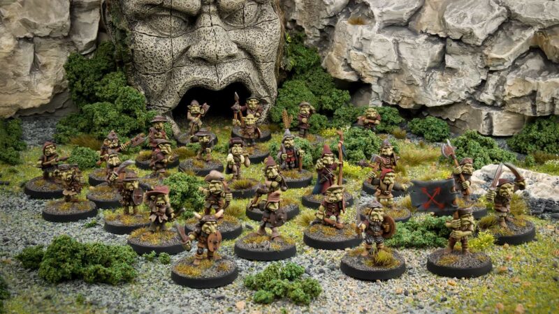 Foggy Peak goblin tribe of 28 individualy based 28mm fanstasy miniatures in high quality white metal from Northumbrian Tin Soldier in the Foggy Peaks under ruins