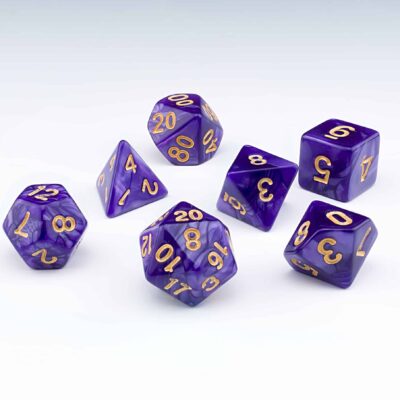 Miasma Purple pearlescent set of 7 RPG dice with Gold numbers from Northumbrian Tin Soldier on a white background