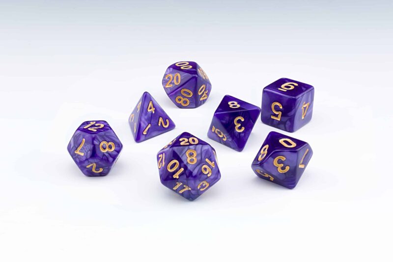 Miasma Purple pearlescent set of 7 RPG dice with Gold numbers from Northumbrian Tin Soldier on a white background