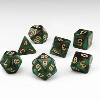 Yggdrasil dark green pearlescent set of 7 RPG dice with Gold numbers from Northumbrian Tin Soldier on a white background