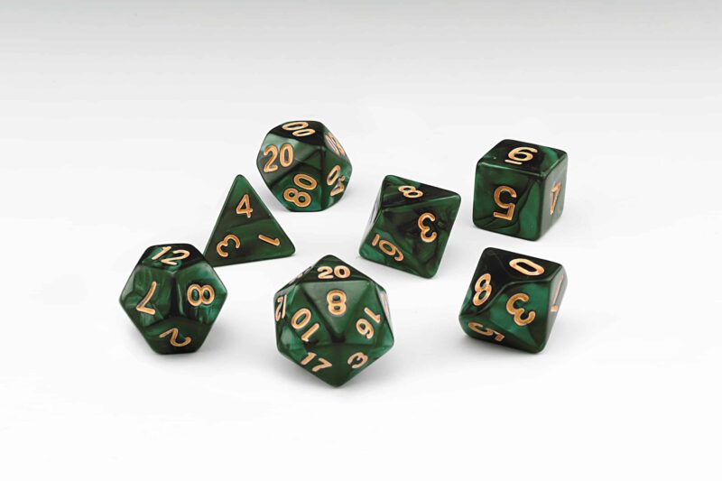 Yggdrasil dark green pearlescent set of 7 RPG dice with Gold numbers from Northumbrian Tin Soldier on a white background