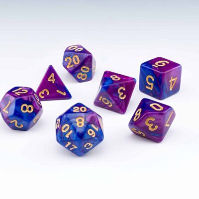 Regis purple and blue blended colour set of 7 RPG dice with Gold numbers from Northumbrian Tin Soldier on a white background