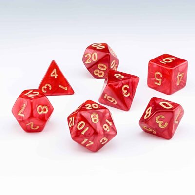 Candescence red pearlescent set of 7 RPG dice with Gold numbers from Northumbrian Tin Soldier on a white background