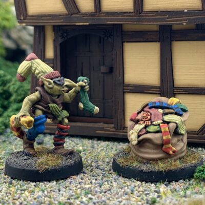 Sock Thief Goblin and Sock Sack 28mm fanstasy miniatures in high quality white metal from Northumbrian Tin Soldier in a Village standing on Gravel