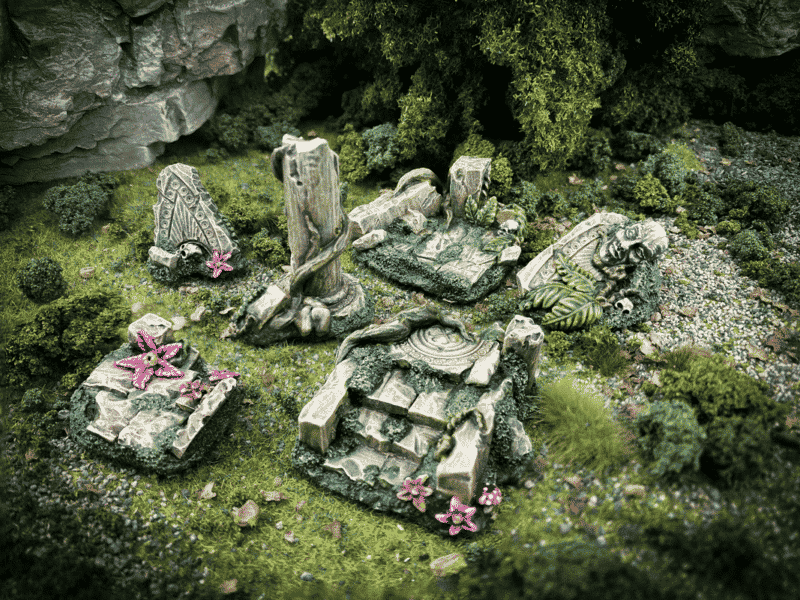 Ruined overgrown stone pathways and pillars miniature terrain